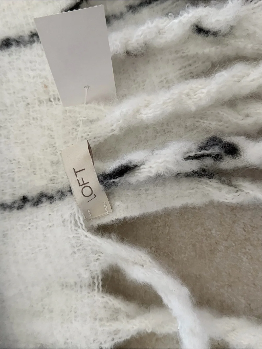LOFT White with Black Windowpane Fringe Blanket Scarf